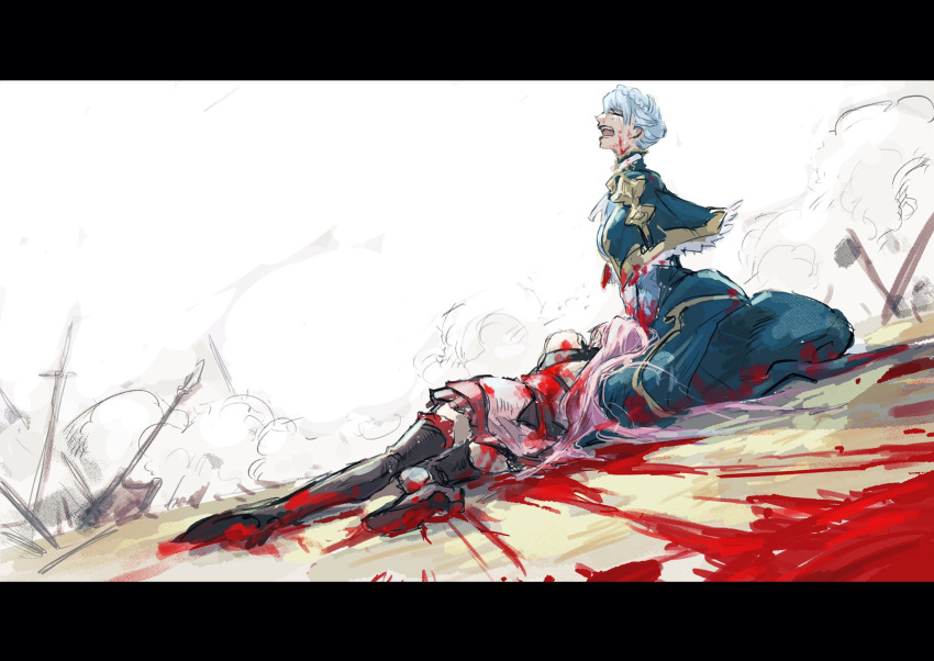 2girls axe bad_end black_footwear blood blood_on_clothes blood_on_face blue_capelet blue_dress blue_gloves blue_hair boots capelet closed_eyes crying death dress fire_emblem fire_emblem:_three_houses gloves highres hilda_valentine_goneril letterboxed long_hair long_skirt lying lying_on_person marianne_von_edmund multiple_girls ogata_tomio on_ground open_mouth pink_hair pink_skirt profile sad short_hair sitting skirt sword tears war weapon