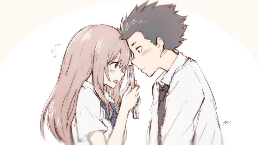 1boy 1girl black_eyes black_hair black_necktie blue_bow blue_bowtie bow bowtie brown_eyes brown_hair closed_mouth collared_shirt english_commentary highres holding holding_notebook ishida_shouya koe_no_katachi long_sleeves necktie nishimiya_shouko notebook open_mouth school_uniform shirt short_sleeves sollyz spiked_hair upper_body white_shirt