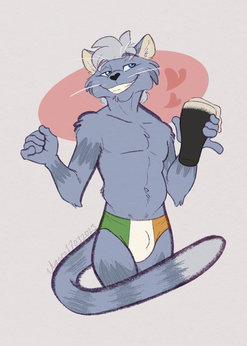 &lt;3 2023 alcohol alystair-the-cat anthro beer beer_foam beverage blue_eyes briefs briefs_only bulge clothed clothing detailed_background domestic_cat druidyordle felid feline felis fur green_briefs green_clothing green_underwear grey_body grey_fur grey_hair hair half-closed_eyes hi_res holding_beverage holding_object holidays irish_flag male mammal multicolored_briefs multicolored_clothing multicolored_underwear narrowed_eyes orange_briefs orange_clothing orange_underwear smile solo st._patrick's_day striped_body striped_fur stripes topless underwear underwear_only whiskers white_briefs white_clothing white_underwear