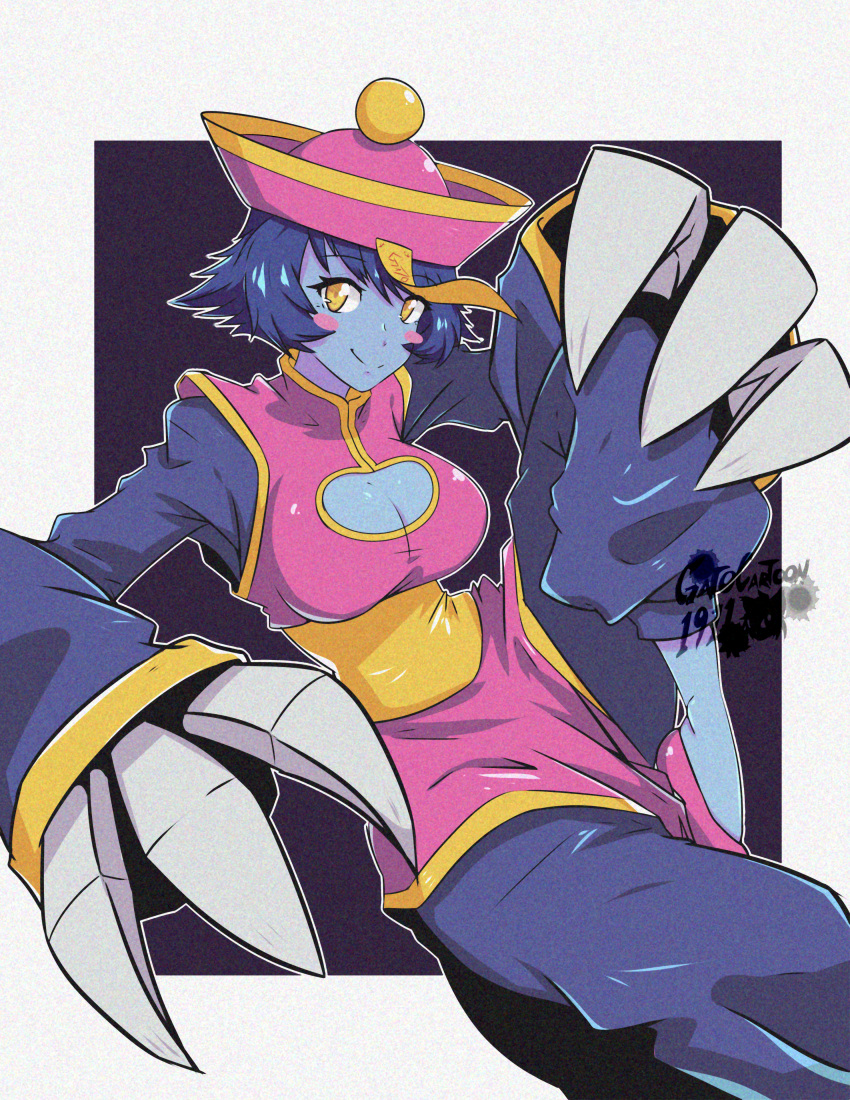 1girl absurdres blue_hair blue_skin blush_stickers breasts chinese_clothes claws cleavage cleavage_cutout closed_mouth clothing_cutout colored_skin gato_gaiden hat highres jiangshi lei_lei looking_at_viewer ofuda pink_footwear qing_guanmao short_hair smile solo vampire_(game) yellow_eyes