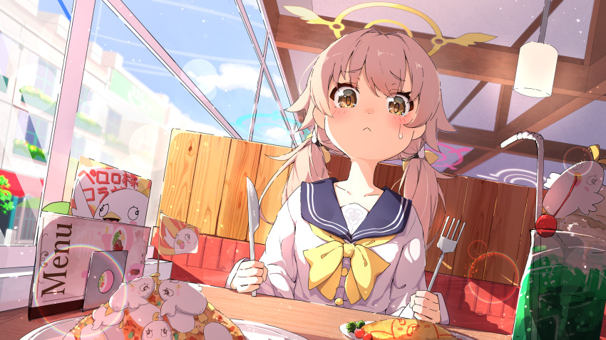 1girl :&lt; absurdres blue_archive blush brown_eyes day drink drinking_straw dutch_angle food fork halo hifumi_(blue_archive) highres holding holding_fork holding_knife indoors knife light_brown_hair long_hair low_twintails neck omelet omurice peroro_(blue_archive) sailor_collar school_uniform solo spice_mega sweatdrop twintails upper_body window