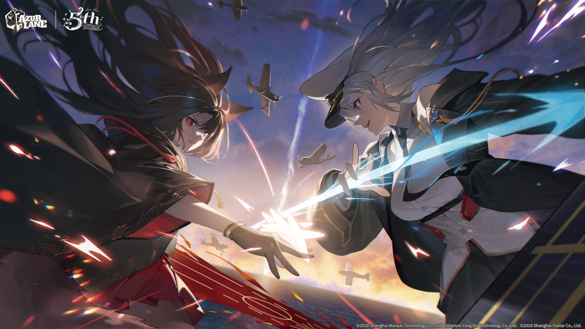 2girls absurdres aircraft airplane akagi_(azur_lane) animal_ears anniversary azur_lane battle black_coat black_gloves black_kimono black_necktie black_skirt breasts brown_hair chest_harness cloud cloudy_sky coat commentary copyright_name corset cowboy_shot dress_shirt english_commentary enterprise_(azur_lane) eyeshadow floating_hair fox_ears fox_girl gloves gold_trim hair_between_eyes harness hat highres japanese_clothes kexue kimono logo long_hair looking_at_another makeup medium_breasts multiple_girls necktie ocean off_shoulder official_art open_clothes open_coat outdoors parted_lips peaked_cap profile purple_eyes red_eyes red_eyeshadow red_skirt second-party_source shirt skirt sky sleeveless sleeveless_shirt slit_pupils smile smirk sunrise tassel watermark white_hair white_headwear white_shirt wide_sleeves wing_collar