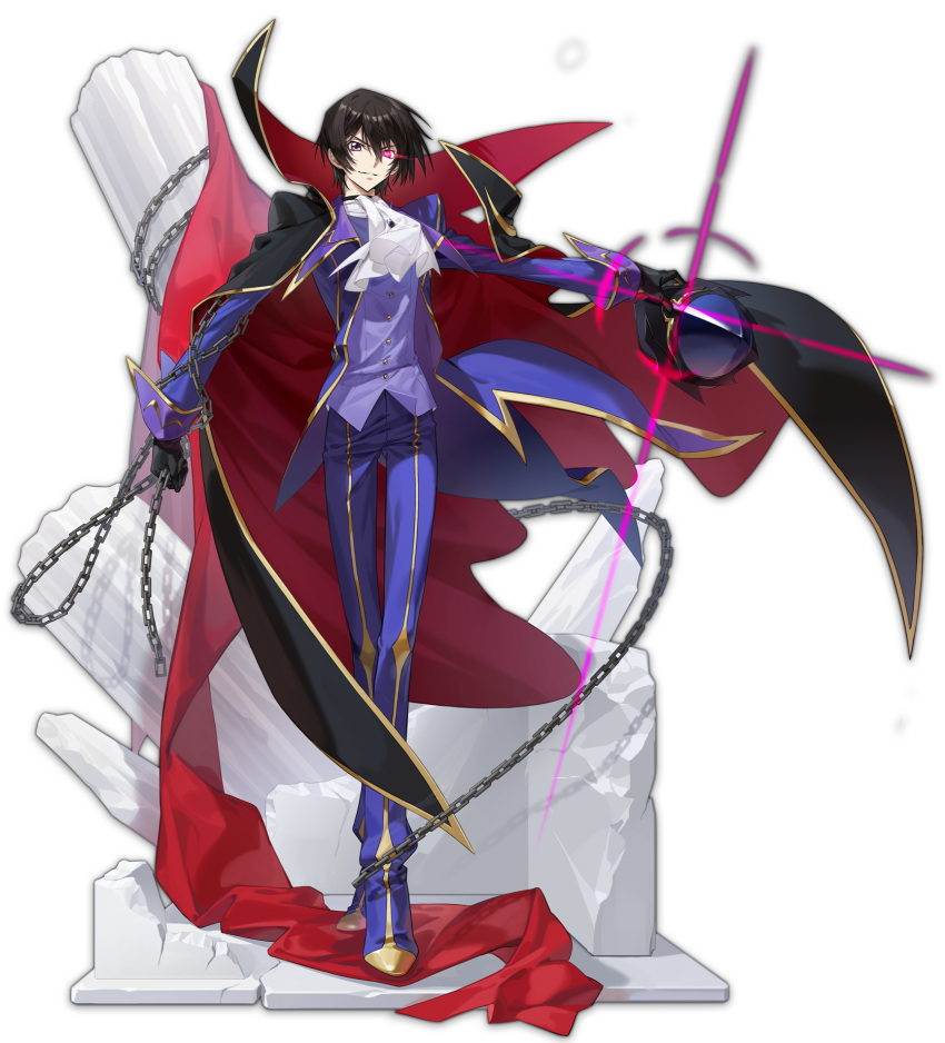 1boy artist_request black_cape black_gloves brown_hair cape chain code_geass formal geass gloves highres holding holding_chain holding_mask lelouch_vi_britannia looking_at_viewer mahjong_soul male_focus marble_(stone) mask mask_removed multicolored_cape multicolored_clothes official_art pants purple_eyes purple_pants purple_suit red_cape solo standing suit tachi-e transparent_background zero_(code_geass)