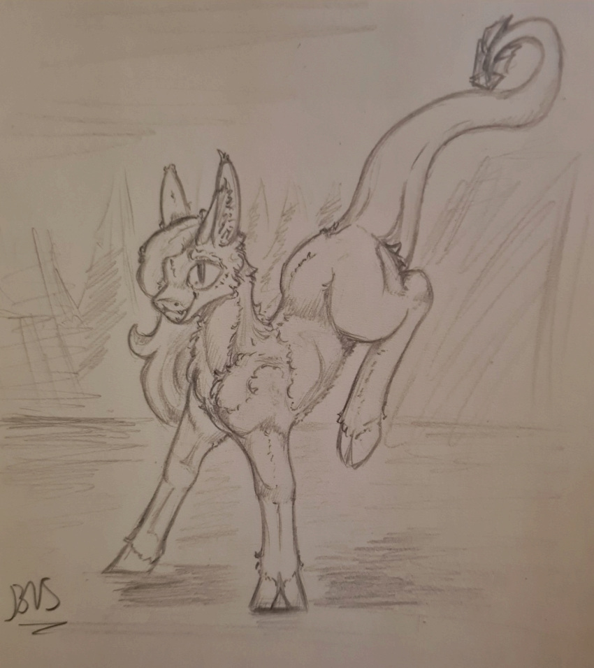 equid equine female feral fluffy funny_face hair hi_res hooves horse hybrid jumping long_tail mammal monochrome pinky_bestia pony sketch solo tail traditional_media_(artwork)
