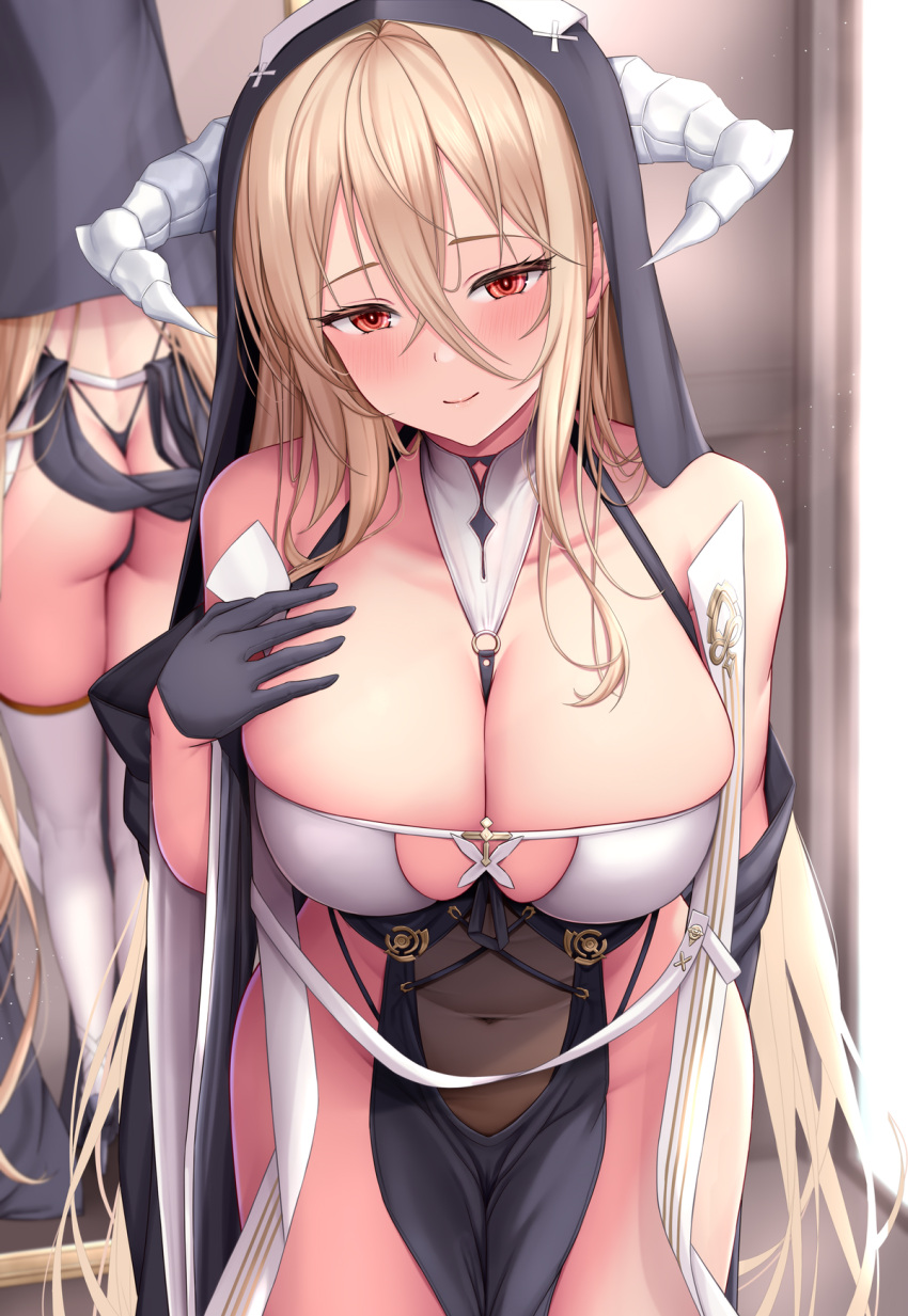 1girl ass azur_lane bare_shoulders black_dress black_gloves blush breasts brown_eyes cleavage collarbone commentary_request covered_navel dress gloves highres horns implacable_(azur_lane) large_breasts light_brown_hair long_hair looking_at_viewer melopun mirror nun pelvic_curtain reflection sidelocks smile solo thighhighs thighs very_long_hair white_thighhighs wide_sleeves