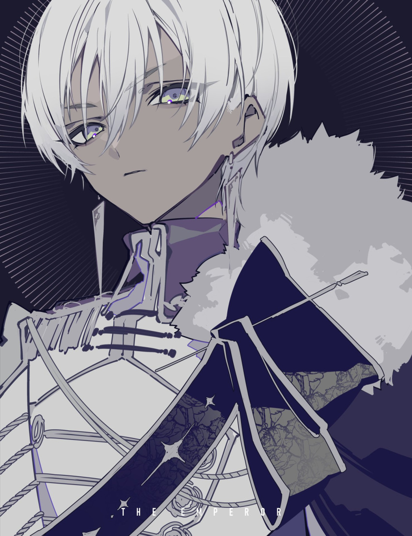 1boy black_background black_cape black_sash blue_eyes cape collared_jacket dark-skinned_male dark_skin earrings epaulettes fur-trimmed_cape fur_trim hair_between_eyes highres ibrahim_(nijisanji) jacket jewelry looking_at_viewer male_focus mochizuki_kei nijisanji official_alternate_costume parted_lips sash short_hair shoulder_cape shoulder_sash solo sunburst the_emperor_(tarot) triangle_earrings upper_body virtual_youtuber white_hair white_jacket