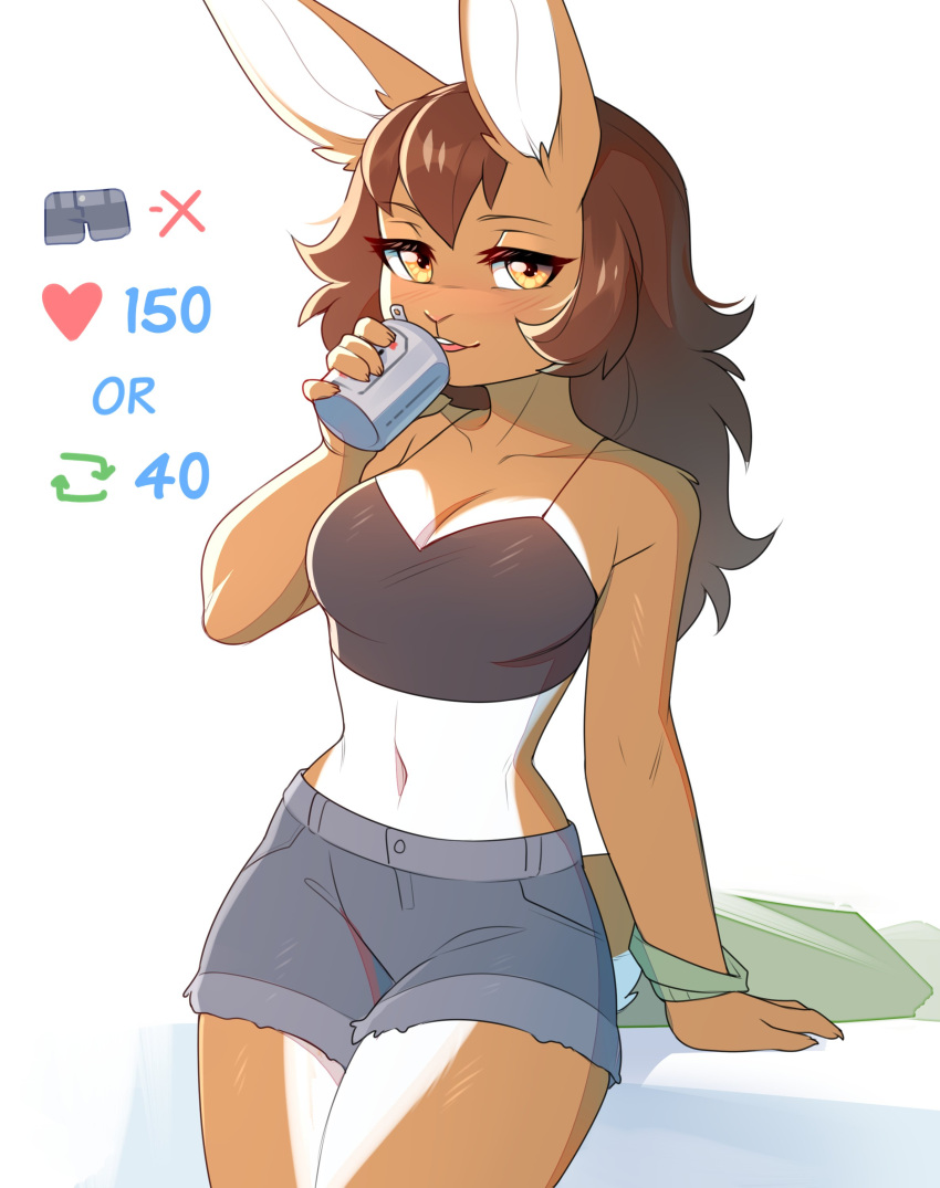 absurd_res anthro beverage_can bottomwear brown_hair clothed clothing drinking female fensu-san fur hair hand_on_hip hi_res jessie_(fensu-san) lagomorph leporid mammal midriff open_clothing open_topwear rabbit shorts simple_background solo strip_meme tan_body tan_fur topwear twitter white_background yellow_eyes