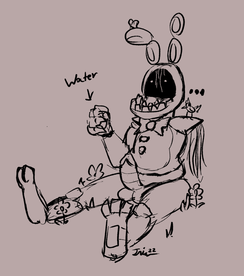 2022 3_toes animatronic avian bird container digital_drawing_(artwork) digital_media_(artwork) ellipsis feet feral five_nights_at_freddy's five_nights_at_freddy's_2 flower glass glass_container hi_res holding_object iniquity lagomorph leporid machine male mammal monochrome on_ground plant rabbit robot scottgames simple_background sitting sketch solo toes water withered_bonnie_(fnaf)