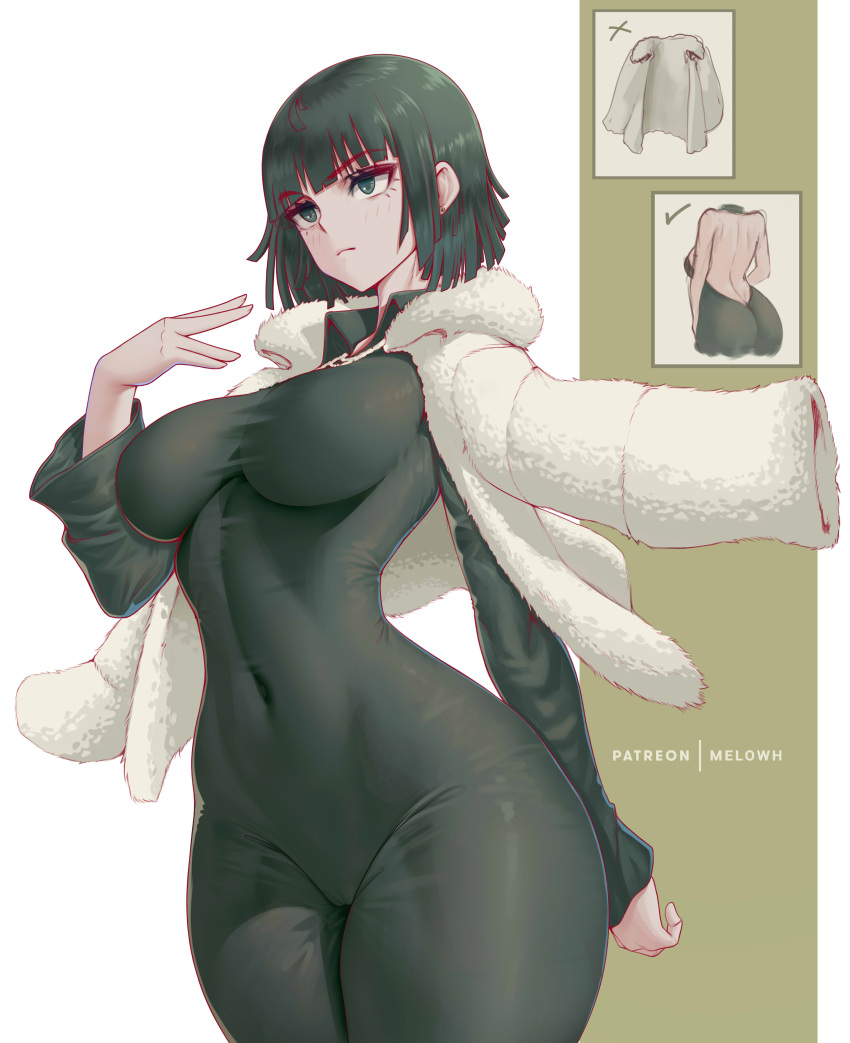 1girl absurdres arm_at_side black_dress blunt_bangs breasts cameltoe closed_mouth coat coat_on_shoulders collared_dress covered_navel curvy dark_green_hair dress fubuki_(one-punch_man) green_eyes hand_up highres impossible_clothes impossible_dress large_breasts linea_alba long_sleeves looking_ahead medium_hair melowh one-punch_man solo taut_clothes taut_dress thick_eyelashes white_coat wide_hips