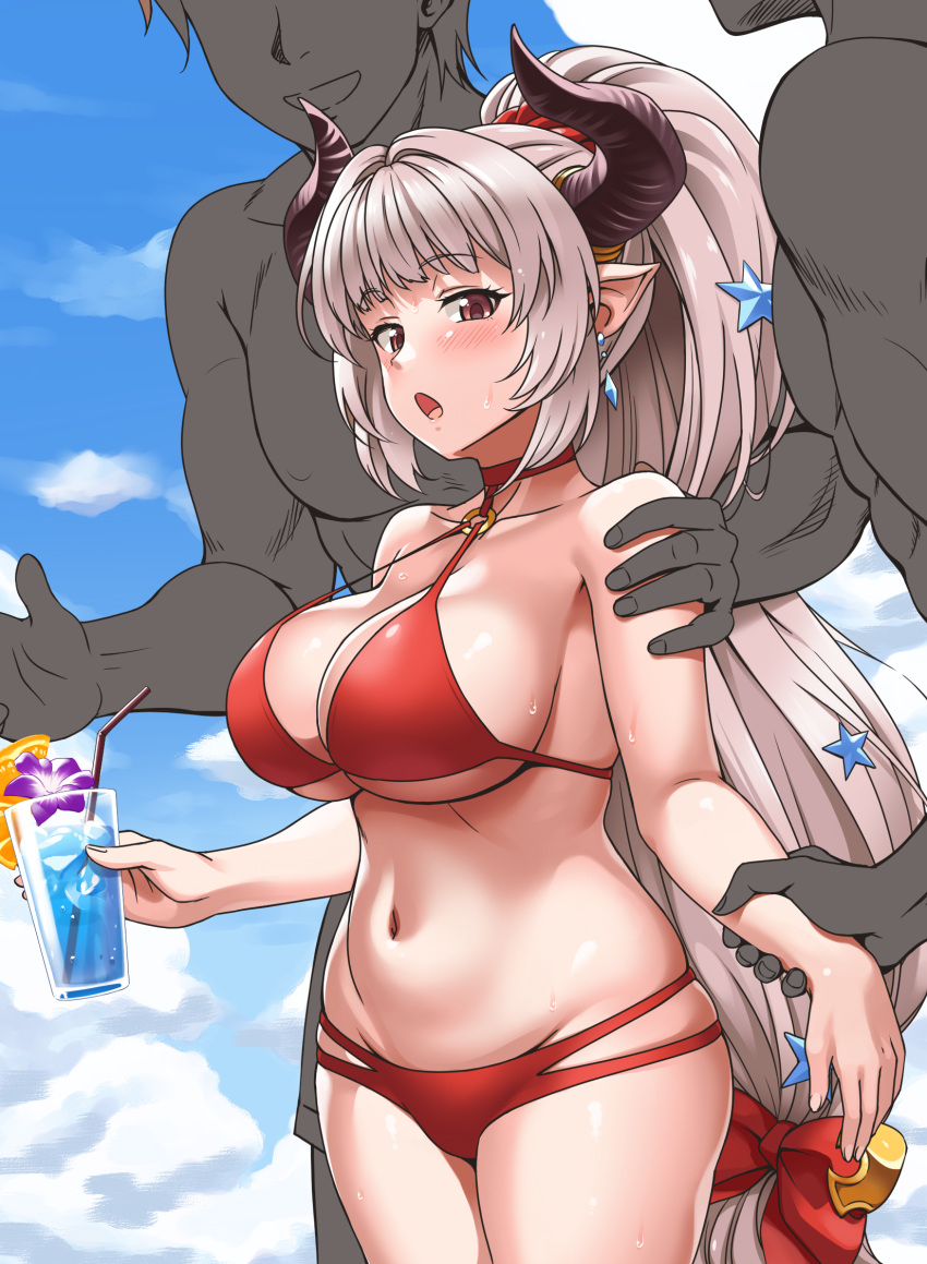 1girl 2boys aliza_(granblue_fantasy) aliza_(summer)_(granblue_fantasy) bikini blush breasts commentary_request cowboy_shot criss-cross_halter cup curvy draph earrings faceless faceless_male granblue_fantasy grey_hair groin hair_ornament hair_scrunchie halterneck height_difference high_ponytail highres holding holding_cup horns jewelry large_breasts long_hair looking_at_viewer low-tied_long_hair lowleg lowleg_bikini multi-strapped_bikini multi-strapped_bikini_bottom multiple_boys navel nervegear o-ring o-ring_bikini o-ring_top official_alternate_costume open_mouth pointy_ears red_bikini red_eyes red_scrunchie scrunchie shortstack sideboob sidelocks sideways_glance skindentation stomach sweat sweatdrop swimsuit textless_version tropical_drink very_long_hair very_sweaty youkan