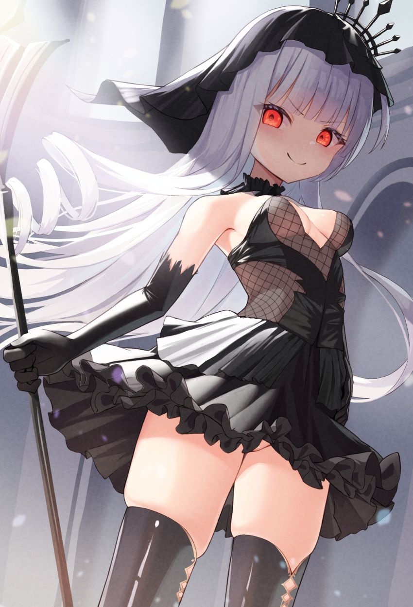 1girl azur_lane black_dress black_footwear black_gloves black_veil boots breasts bridal_veil cleavage closed_mouth cowboy_shot crown dress elbow_gloves fishnet_fabric frilled_dress frills gloves glowing glowing_eyes highres holding holding_scepter humo looking_at_viewer medium_breasts narrowed_eyes no_panties queen_elizabeth_(meta)_(azur_lane) scepter skindentation smile solo standing thigh_boots veil white_hair