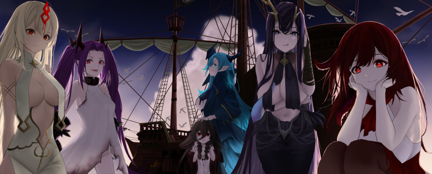 6+girls adventure_galley_(azur_lane) antlers ascot asymmetrical_horns azur_lane bare_shoulders bird black_hair black_horns black_pantyhose blonde_hair blue_eyes blue_hair breast_curtains breasts center_opening cleavage cloud cloudy_sky dark-skinned_female dark_skin dress fangs golden_hind_(azur_lane) groin hair_between_eyes hands_on_own_cheeks hands_on_own_face highres horns large_breasts licking_lips long_bangs long_hair looking_at_viewer mary_celeste_(azur_lane) mast multiple_girls navel open_mouth outdoors pantyhose pirate_ship pointy_ears purple_hair red_ascot red_eyes reindeer_antlers revealing_clothes royal_fortune_(azur_lane) sailing_ship sao_martinho_(azur_lane) scarfpen01 seagull sky smile stomach sunset tentacle_hair tentacles tongue tongue_out twintails white_dress whydah_(azur_lane)
