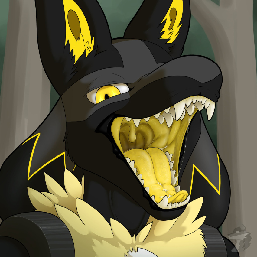 arkailart black_body black_fur bodily_fluids fur generation_4_pokemon hi_res lucario male male_(lore) nintendo open_mouth pokemon pokemon_(species) saliva saliva_on_tongue saliva_string solo teeth tongue uvula whucario yellow_body yellow_eyes yellow_fur yellow_tongue