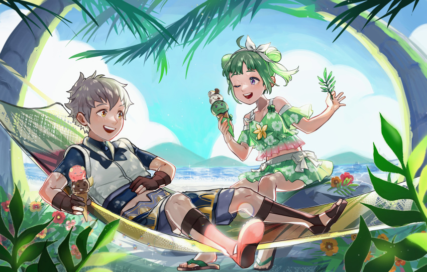 1boy 1girl absurdres commission commissioner_upload fire_emblem fire_emblem_fates flower happy highres kiragi_(fire_emblem) midori_(fire_emblem) misokatsuhaumai ocean outdoors sky smile summer swimsuit tropical