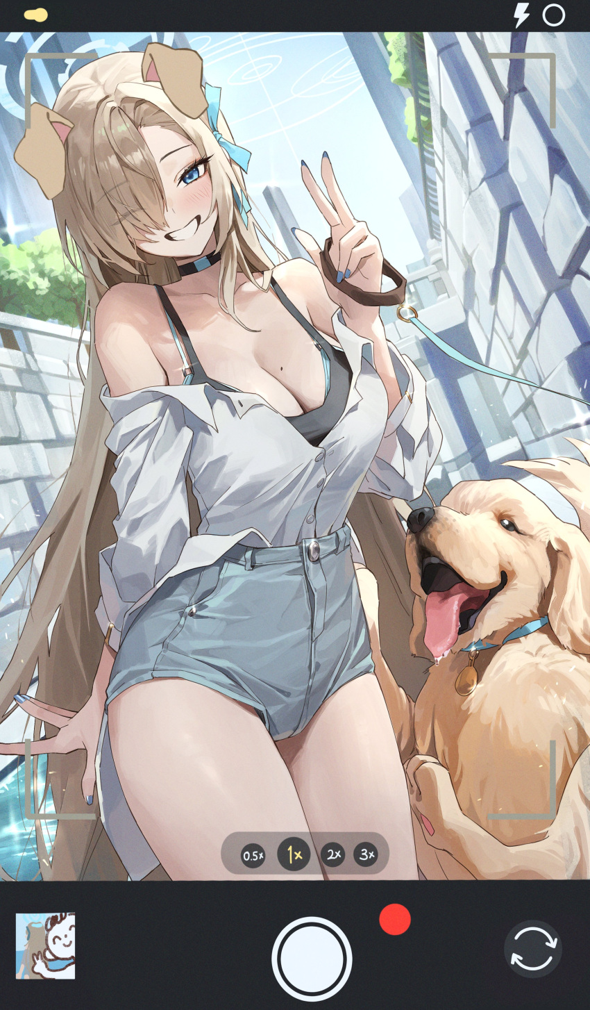 1girl absurdres asuna_(blue_archive) blue_archive blue_eyes blue_ribbon blush breasts cellphone_picture dog grin hair_over_one_eye hair_ribbon halo highres large_breasts light_brown_hair long_hair looking_at_viewer netural ribbon smile very_long_hair