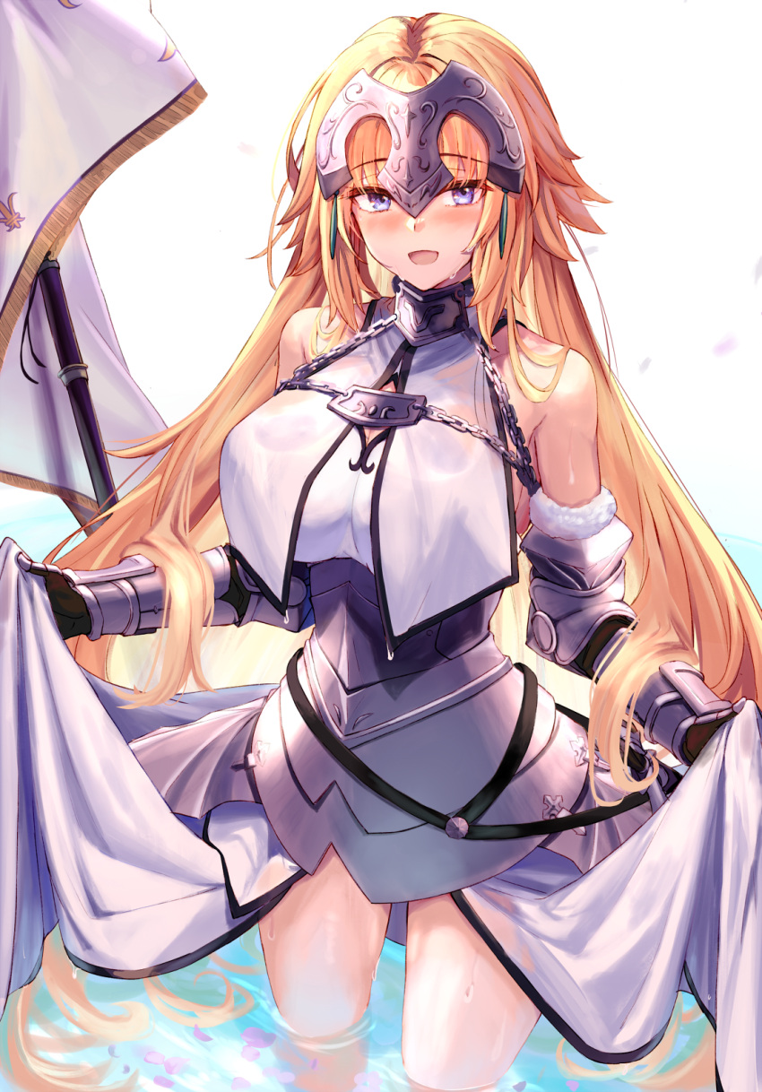 1girl :d armor bare_shoulders blonde_hair blue_eyes blush breasts commentary_request elbow_gloves fate/apocrypha fate/grand_order fate_(series) flag fur_trim gloves headpiece highres holding holding_flag jeanne_d'arc_(fate) large_breasts long_hair looking_at_viewer ninoude_(ninoude44) open_mouth partially_submerged smile solo standing thighs water white_background