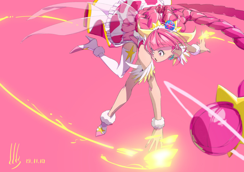 1girl absurdres alternate_hairstyle blunt_bangs boots braid cure_star dress fur-trimmed_boots fur_cuffs fur_trim hair_ornament high_heel_boots high_heels highres hoshina_hikaru long_hair magical_girl open_mouth pink_background pink_dress pink_eyes pink_hair planet_hair_ornament precure single_thighhigh solo star_(symbol) star_hair_ornament star_twinkle_precure thighhighs tototoro twin_braids very_long_hair wrist_cuffs