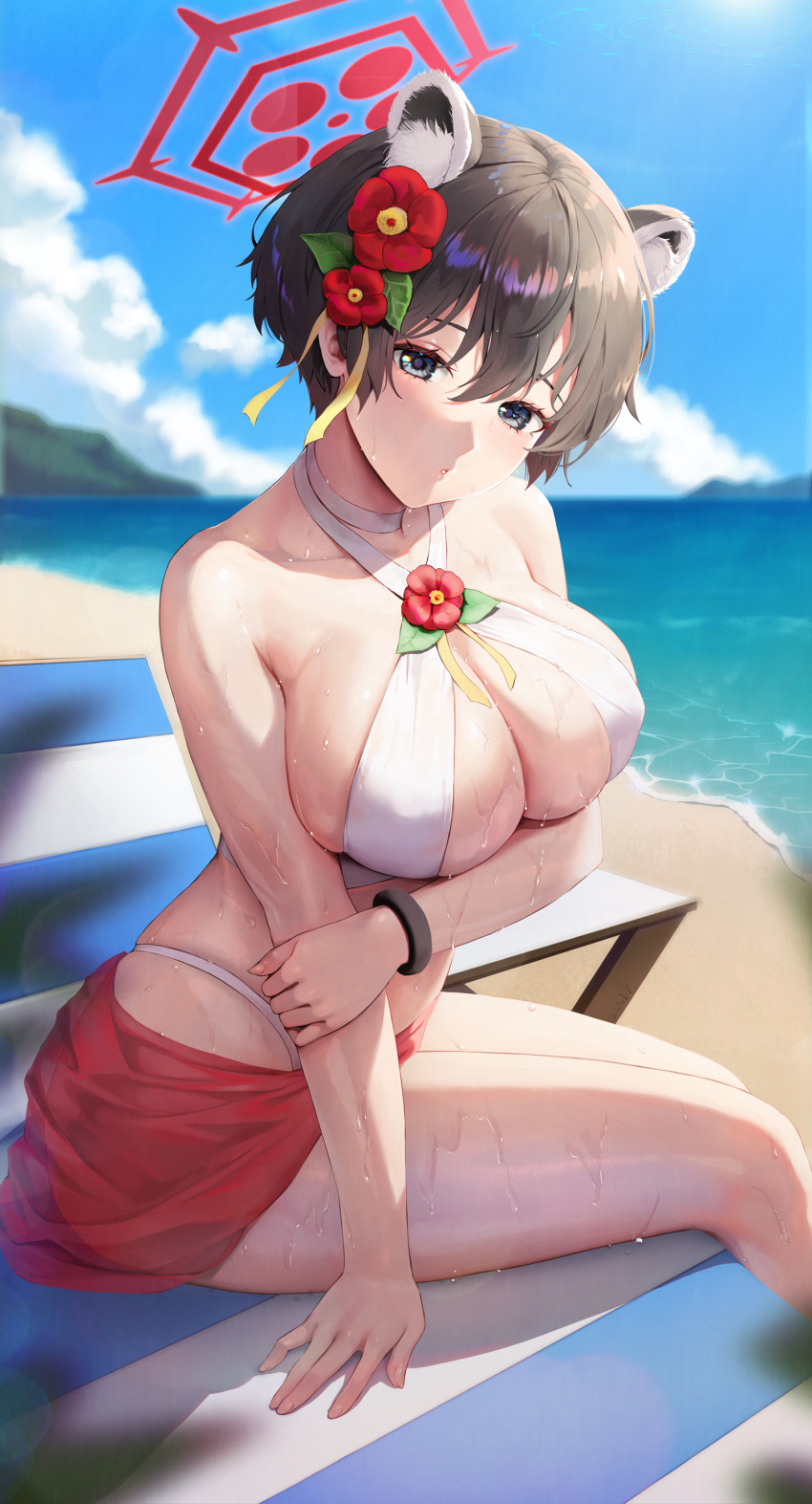 1girl absurdres animal_ears arm_support arm_under_breasts bare_arms bare_shoulders beach bikini black_hair blue_archive blue_eyes blue_sky blurry blurry_background blush breast_hold breasts cleavage closed_mouth cloud collarbone day flower hair_between_eyes hair_flower hair_ornament halo highleg highleg_bikini highres horizon large_breasts long_hair looking_at_viewer navel official_alternate_costume sarong short_hair sitting sky solo swimsuit tsubaki_(blue_archive) water water_drop wet white_bikini y.i._(lave2217)