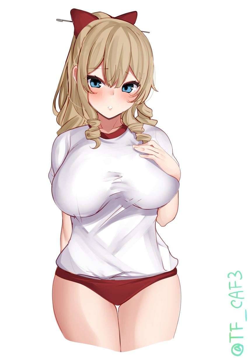 1girl blue_eyes blush bow breasts brown_hair buruma commentary_request cowboy_shot cropped_legs drill_hair hair_between_eyes hand_on_own_chest hatakaze_(kancolle) highres kantai_collection large_breasts medium_hair one-hour_drawing_challenge parted_lips red_bow red_buruma shirt short_sleeves side_drill simple_background solo tf_cafe thigh_gap twitter_username white_background white_shirt