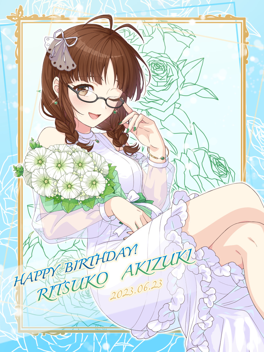 1girl 2023 ;d absurdres adjusting_eyewear akizuki_ritsuko antenna_hair bracelet braid brown_eyes brown_hair character_name crossed_legs dated dress earrings framed gem glasses green_gemstone green_nails hair_ribbon happy_birthday highres idolmaster idolmaster_(classic) invisible_chair jewelry long_hair long_sleeves nail_polish one_eye_closed outline ribbon see-through see-through_sleeves shiro_(ongrokm) short_dress sitting smile solo sparkle twin_braids white_dress white_ribbon