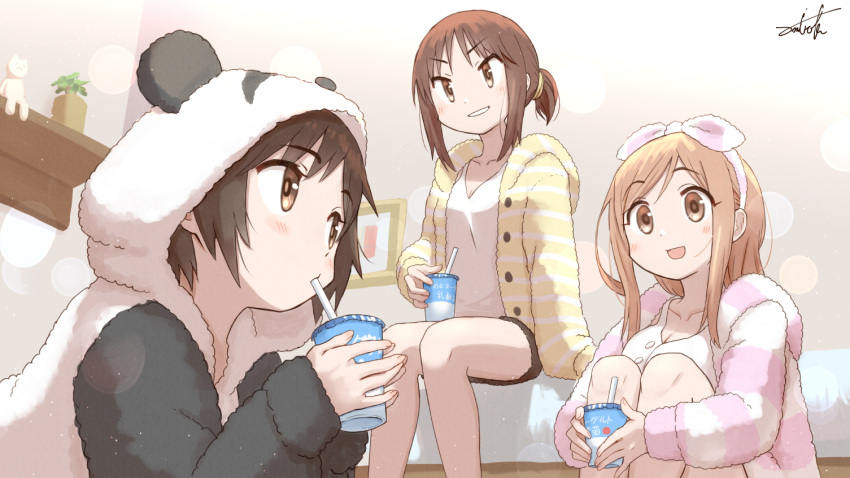 3girls :d aikawa_chiho animal_costume animal_ears animal_hood breasts brown_eyes brown_hair camisole cleavage closed_mouth commentary_request cup disposable_cup drinking_straw fake_animal_ears feet_out_of_frame hair_ribbon hairband hasegawa_fumi holding holding_cup hood hood_down hooded_jacket indoors jacket knees_up long_sleeves lying medium_breasts multiple_girls okano_kei on_stomach open_clothes open_jacket panda_costume panda_ears panda_hood parted_bangs pink_hairband pink_ribbon ponytail ribbon sidelocks signature sitting sleeves_past_wrists smile striped striped_jacket swept_bangs umiroku v-shaped_eyebrows white_camisole yellow_jacket yuyushiki