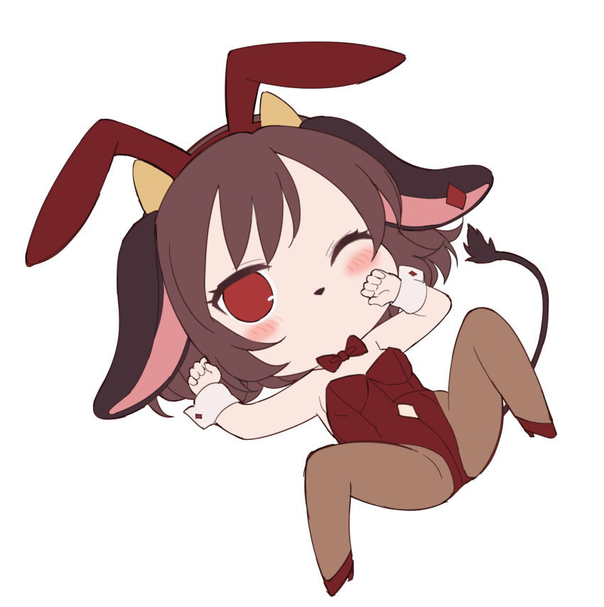 1girl absurdres animal_ears bare_shoulders blush bow bowtie brown_hair chibi clothing_cutout cow_ears cow_girl cow_horns cow_tail diamond_cutout fake_animal_ears full_body hairband hands_up high_heels highres holmy_(show_by_rock!!) horns knee_up leotard looking_at_viewer lying navel_cutout nyama on_back one_eye_closed rabbit_ears red_bow red_bowtie red_eyes red_footwear red_hairband red_leotard shoes show_by_rock!! simple_background solo spread_legs strapless strapless_leotard tail white_background wrist_cuffs