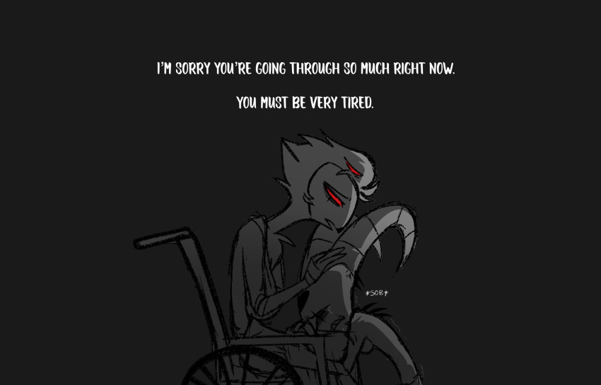anthro avian bird blitzo_(helluva_boss) bodily_fluids crying dialogue duo frown grey_background hair helluva_boss hi_res horn imp looking_down male owl owl_demon red_eyes sad short_hair simple_background sitting stolas_(helluva_boss) tears teathekook text wheelchair white_text