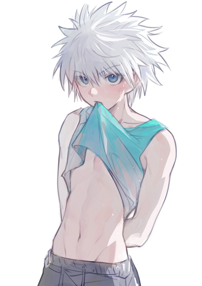 1boy aqua_tank_top arms_behind_back blue_eyes blush clothes_lift grey_shorts hair_between_eyes highres kiko killua_zoldyck lifted_by_self looking_at_viewer male_focus monster_hunter_(series) mouth_hold shirt_lift shorts simple_background solo spiked_hair stomach sweat tank_top white_background white_hair