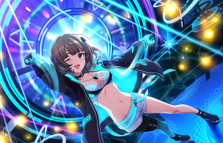 1girl aqua_belt aqua_gloves aqua_jacket arm_up bikini black_footwear black_gloves black_jacket black_pantyhose blue_pantyhose breasts brown_hair choker dog_tags dutch_angle full_body game_cg gloves gradient_legwear hair_ornament idolmaster idolmaster_cinderella_girls idolmaster_cinderella_girls_starlight_stage jacket legs long_sleeves looking_at_viewer medium_breasts medium_hair multicolored_clothes multicolored_jacket navel official_art one_eye_closed open_clothes open_jacket open_mouth pantyhose pantyhose_under_shorts short_shorts shorts single_bare_leg single_leg_pantyhose solo stage standing stomach swimsuit takagaki_kaede two-tone_gloves two-tone_jacket unzipped white_shorts