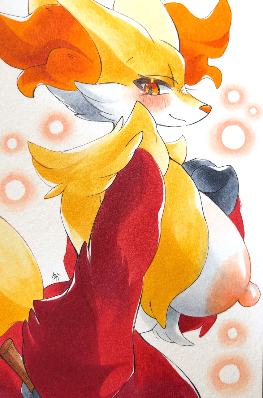 absurd_res anthro blush breasts delphox female fur generation_6_pokemon hi_res nintendo nipples nude pokemon pokemon_(species) red_body red_eyes red_fur simple_background solo stick u_ka