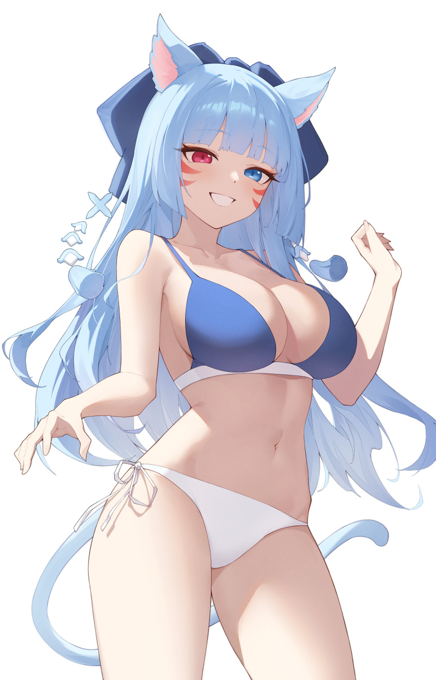 1girl absurdres animal_ears bare_arms bare_shoulders bikini blue_bikini blue_eyes blue_hair bow breasts cat_ears cat_girl cat_tail cleavage commission contrapposto cowboy_shot facial_mark grin hair_bow hand_up highres large_breasts long_hair looking_at_viewer mismatched_bikini navel original pixiv_commission red_eyes side-tie_bikini_bottom simple_background smile solo standing stomach string_bikini sukaliya swimsuit tail tassel thighs very_long_hair white_background white_bikini