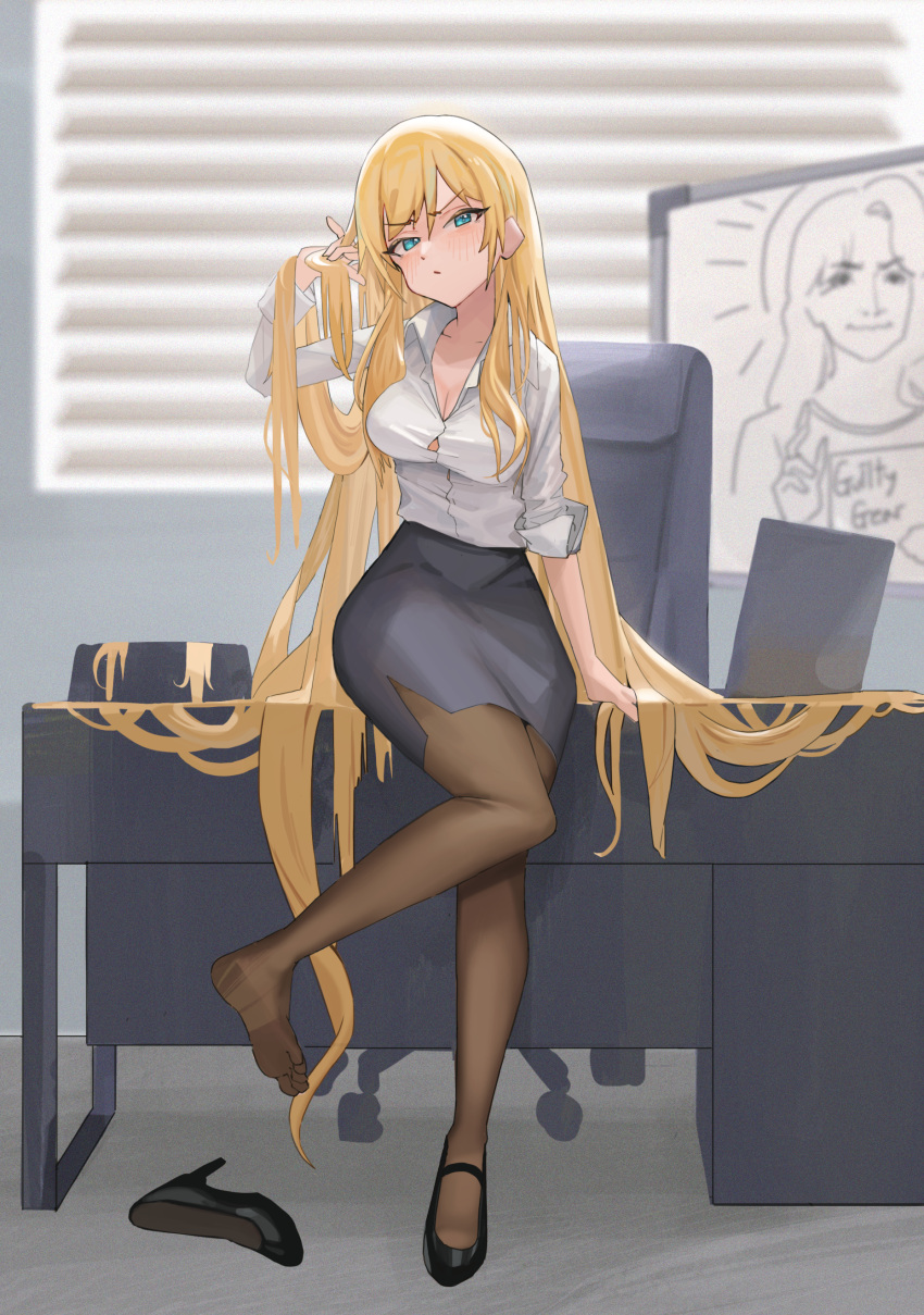 1girl absurdres black_footwear blonde_hair blue_eyes blush board breasts chair cleavage collared_shirt copyright_name ddul_(hauluimubingoj1) desk feet full_body guilty_gear hair_between_eyes hand_in_own_hair high_heels highres indoors long_hair long_sleeves looking_at_viewer medium_breasts millia_rage office office_chair office_lady pantyhose pencil_skirt shirt skirt solo swivel_chair v-shaped_eyebrows very_long_hair white_shirt