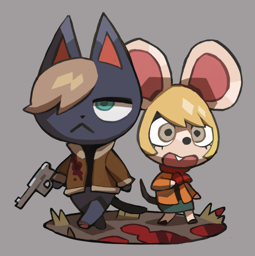 2023 animal_crossing anthro blood bodily_fluids bottomless bottomwear buckteeth capcom clothed clothing domestic_cat duo felid feline felis fully_clothed grass gun hair hair_over_eye hi_res holding_gun holding_object holding_weapon mammal mouse murid murine niking nintendo one_eye_obstructed orange_clothing orange_topwear pawpads plant ranged_weapon resident_evil rodent skirt teeth topwear weapon