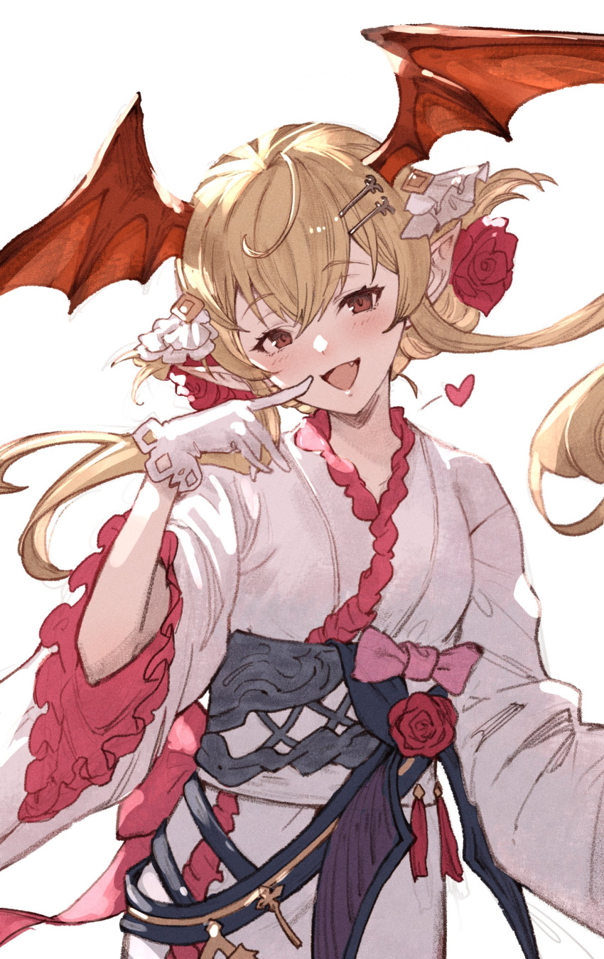 1girl ayacho bat_wings blonde_hair fang finger_to_mouth flower frilled_skirt frills gloves granblue_fantasy head_wings highres japanese_clothes kimono long_hair open_mouth pointy_ears red_eyes red_flower red_rose red_wings rose skirt smile solo vampire vampy vampy_(yukata)_(granblue_fantasy) white_gloves wings yukata