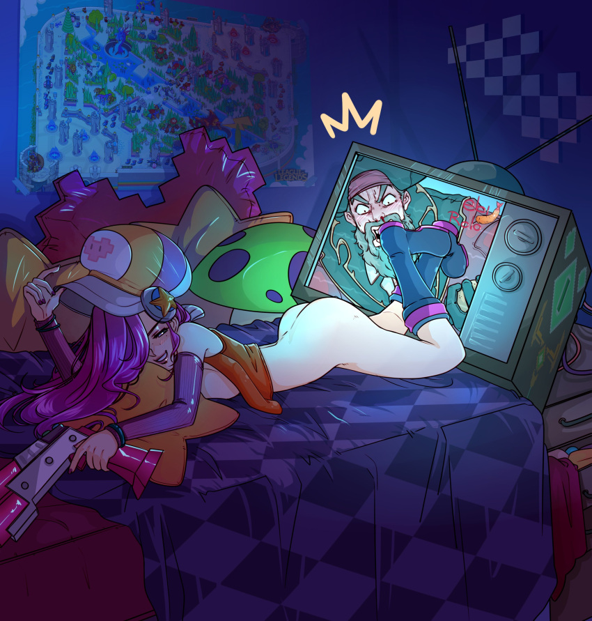 1girl absurdres arcade_miss_fortune ass bare_shoulders beard bed boots breasts detached_sleeves facial_hair freckles gangplank_(league_of_legends) gun heart heart_pillow highres holding holding_gun holding_weapon indoors jacket league_of_legends long_hair medium_breasts miss_fortune_(league_of_legends) mushroom no_panties no_pants on_bed open_clothes open_jacket orange_jacket pillow pink_hair plaid_blanket purple_headwear rolo's_art sideboob smile solo teeth television weapon yellow_headwear