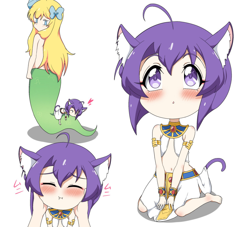 2girls ahoge animal_ears blonde_hair blue_eyes cat_ears cat_tail egyptian_clothes hair_ribbon highres hr-p jashin-chan jashin-chan_dropkick lamia long_hair medusa_(jashin-chan_dropkick) minigirl monster_girl multiple_girls multiple_views navel open_mouth purple_eyes purple_hair ribbon simple_background tail white_background