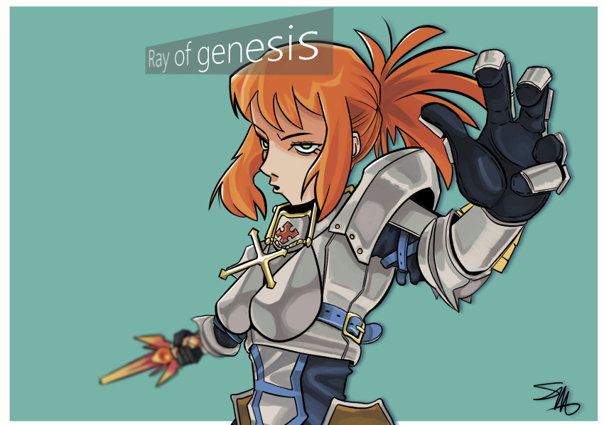 1girl armor black_gloves blue_background blurry boobplate border boviburger commentary cross depth_of_field english_commentary gameplay_mechanics gauntlets gloves green_eyes highres holding holding_sword holding_weapon looking_at_viewer medium_hair no_cape open_mouth orange_hair outside_border paladin_(ragnarok_online) pauldrons ponytail ragnarok_online short_bangs shoulder_armor sidelocks signature simple_background solo sword upper_body weapon white_border