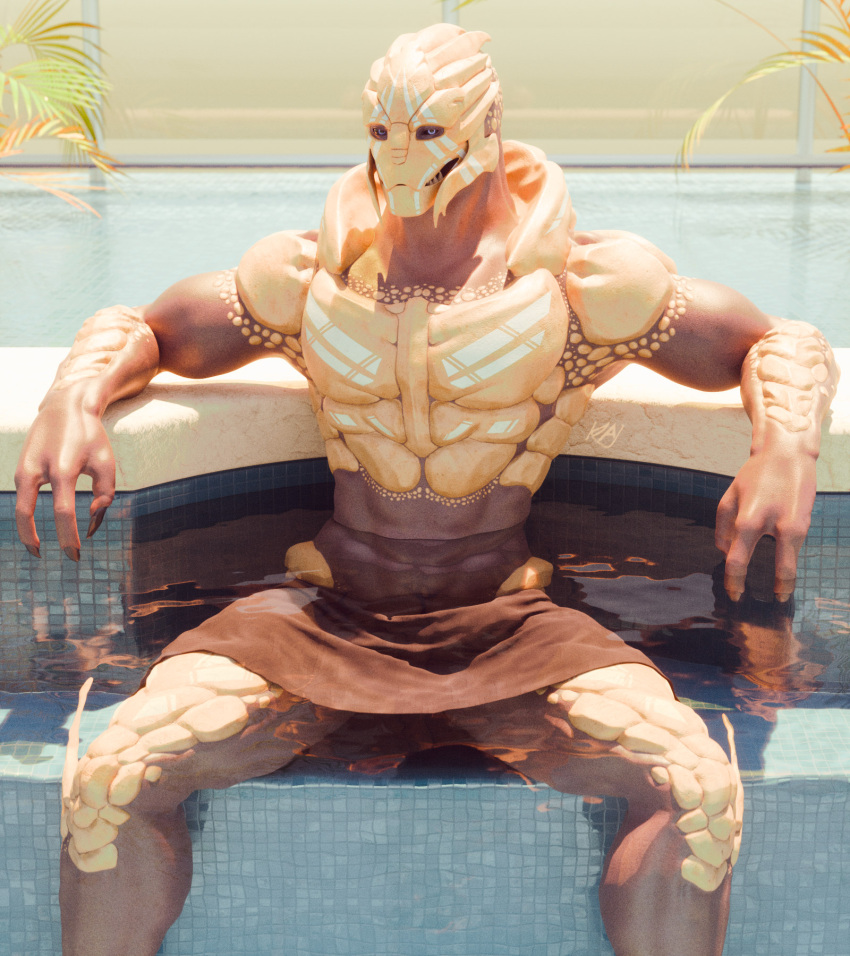 3_fingers 3d_(artwork) abs alien animal_genitalia biceps bodypaint digital_media_(artwork) face_paint fingers genital_slit genitals hi_res humanoid in_pool kagekave looking_at_viewer male mass_effect muscular muscular_male nude palm_frond pecs pool sitting slit solo teeth towel_on_lap turian water wet