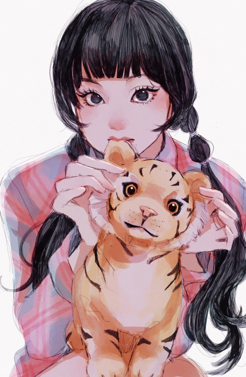 1girl akari_(kimute_jihiki) black_eyes black_hair chaeyoung_(twice) grey_background highres holding holding_stuffed_toy k-pop long_hair looking_at_viewer low_twintails pink_shirt plaid plaid_shirt real_life shirt sitting solo stuffed_animal stuffed_tiger stuffed_toy twice_(group) twintails upper_body