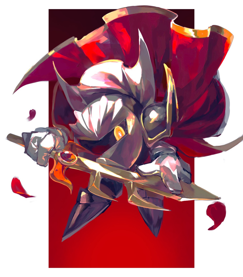 1boy cape glaring gloves highres holding holding_sword holding_weapon kirby_(series) looking_at_viewer male_focus mask meta_knight one_eye_covered petals red_background simple_background solo sword user_gaje3724 weapon