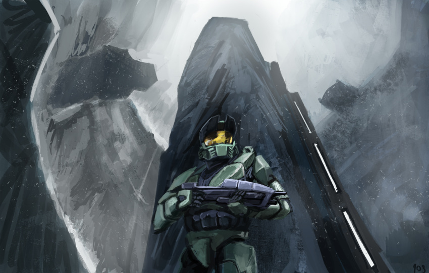 1boy absurdres assault_rifle assault_visor bullpup danlamdae english_commentary gun halo:_combat_evolved halo_(series) highres holding holding_gun holding_weapon looking_up ma5 male_focus master_chief power_armor rifle scenery snow snowing solo spartan_(halo) weapon