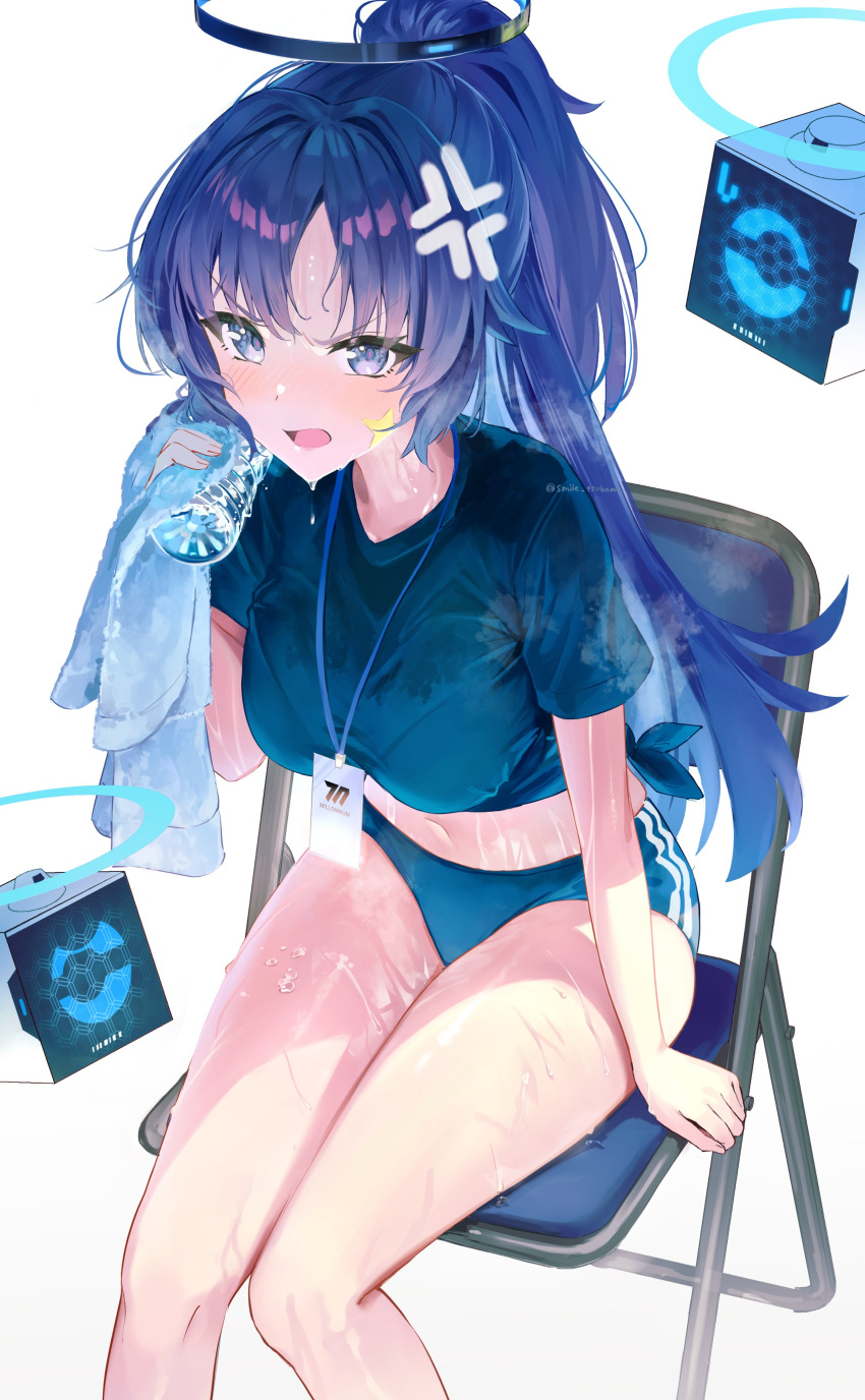 1girl absurdres anger_vein blue_archive blue_buruma blue_eyes blue_shirt blush bottle bottle_to_cheek breasts buruma chair drone gym_shirt gym_uniform halo highres holding holding_bottle holding_towel id_card lanyard large_breasts long_hair looking_at_viewer navel official_alternate_costume open_mouth parted_bangs ponytail purple_hair shirt short_sleeves simple_background solo star_sticker sticker_on_face sweat thighs tied_shirt towel tsubameno twitter_username water_bottle wet white_background yuuka_(blue_archive) yuuka_(track)_(blue_archive)