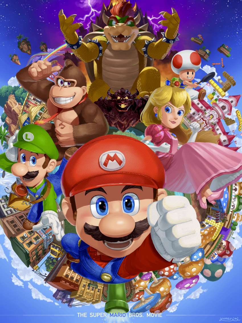 1girl 5boys armlet blonde_hair blue_eyes blue_overalls bowser bracelet castle cityscape collared_shirt copyright crown donkey_kong dress earrings elbow_gloves facial_hair furry gloves green_headwear green_shirt hat high_heels highres holding holding_pan horns jewelry long_hair looking_at_viewer luigi mario mario_(series) multiple_boys multiple_views mustache necktie open_mouth overalls pink_dress princess_peach princess_peach's_castle puffy_short_sleeves puffy_sleeves rainbow red_headwear red_necktie red_shirt sharp_teeth shirt shoes short_sleeves sphere_earrings spiked_armlet spiked_bracelet spiked_shell spikes teeth the_super_mario_bros._movie toad_(mario) warp_pipe white_gloves yuuma_rimi