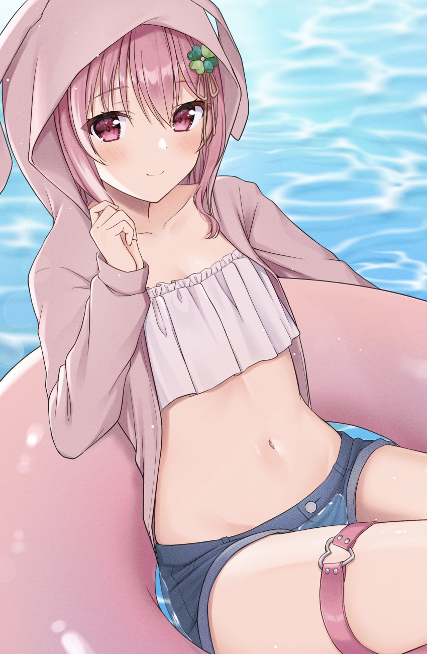 absurdres animal_ears animal_hood bikini blue_shorts closed_mouth commission hair_ornament highres hood long_hair mochiko_(uyu_omochi) navel original pink_hair pink_hood pink_innertube rabbit_ears rabbit_hood shorts skeb_commission smile stomach swimsuit