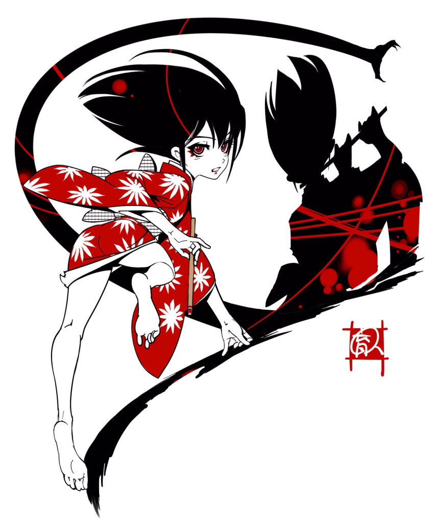 1girl ass barefoot black_hair blood blood_stain different_shadow eyeliner full_body highres japanese_clothes kimono limited_palette looking_at_viewer looking_back makeup medium_hair onihime_(sasuke) print_kimono red_eyes red_kimono sasuke_(manga) shadow short_kimono snake soles solo toes yamashita_ikuto