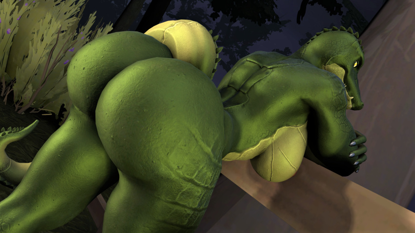 3d_(artwork) anthro big_butt breasts bubble_butt butt crocodile_(petruz) crocodilian digital_media_(artwork) female fence hi_res huge_butt kyleroo looking_at_viewer muscular night nude outside petruz_(copyright) presenting presenting_hindquarters rear_view reptile scalie side_boob solo source_filmmaker teeth yellow_eyes