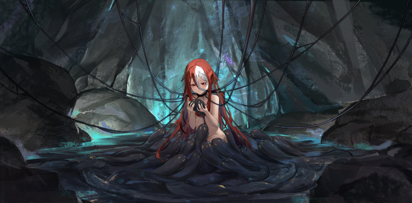 1girl absurdres bags_under_eyes black_collar breasts cave_interior chinese_commentary closed_mouth collar commentary_request completely_nude flantia hair_between_eyes hands_up highres holding irumyuui's_children long_hair made_in_abyss medium_breasts multicolored_hair nude red_eyes red_hair rock sitting slime_(substance) solo streaked_hair very_long_hair vueko white_hair wide_shot