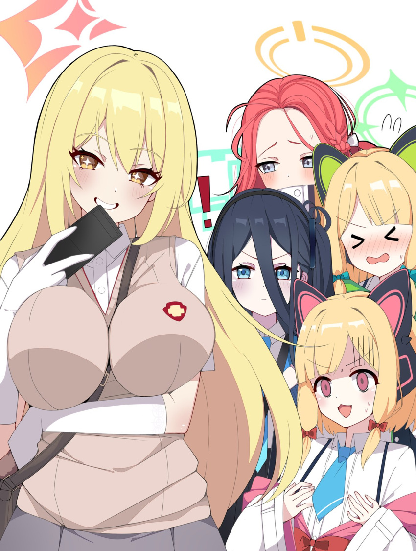 ! &gt;_&lt; 5girls age_difference animal_ear_headphones animal_ears aris_(blue_archive) black_hair blonde_hair blue_archive blue_eyes blue_halo blue_necktie blush bow braid breast_envy breasts bright_pupils brown_eyes brown_sweater_vest cat_ear_headphones clenched_teeth controller crossover emblem fake_animal_ears game_development_department_(blue_archive) gloves green_halo grey_eyes grin hair_between_eyes hair_bow halo headphones highres holding holding_remote_control k-y large_breasts long_hair looking_at_viewer midori_(blue_archive) momoi_(blue_archive) multiple_girls necktie open_mouth pink_eyes red_bow red_hair red_halo remote_control school_emblem school_uniform shokuhou_misaki short_hair short_sleeves smile sparkling_eyes star-shaped_pupils star_(symbol) summer_uniform sweater_vest symbol-shaped_pupils teeth toaru_kagaku_no_railgun toaru_majutsu_no_index tokiwadai_school_uniform white_background white_gloves white_pupils yellow_halo yuzu_(blue_archive)