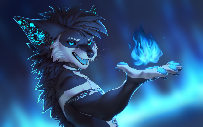 2023 5_fingers anthro black_sclera blue_eyes detailed_background digital_media_(artwork) fingers fur hair male night nude open_mouth outside sky smile smileeeeeee star starry_sky teeth tongue