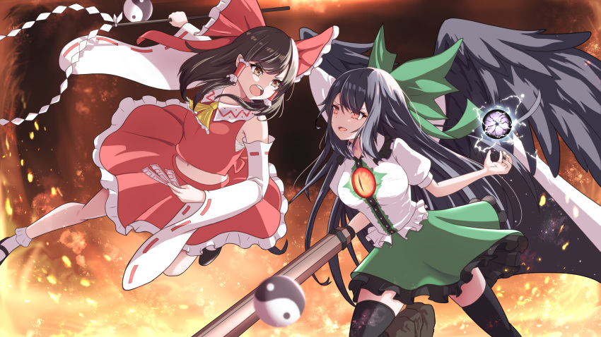 2girls absurdres arm_cannon ascot bird_wings black_footwear black_hair black_wings bow breasts brown_eyes brown_hair buttons cape collared_shirt control_rod detached_sleeves duel energy_ball fighting fire frilled_bow frilled_hair_tubes frilled_shirt frilled_shirt_collar frilled_skirt frills gohei green_bow green_skirt hair_bow hair_tubes hakurei_reimu highres large_breasts long_hair mary_janes midriff multiple_girls navel o1118 orb puffy_short_sleeves puffy_sleeves red_bow red_shirt red_skirt reiuji_utsuho ribbon-trimmed_sleeves ribbon_trim sarashi shirt shoes short_sleeves sidelocks skirt skirt_set sleeveless sleeveless_shirt smile talisman third_eye touhou weapon white_cape white_shirt white_sleeves wide_sleeves wings yellow_ascot yin_yang yin_yang_orb
